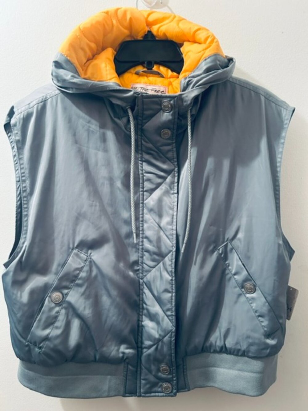 We The Free FP Max Steel Grey Neon Orange Utility Quilted Puffer Hoodie Vest NWT